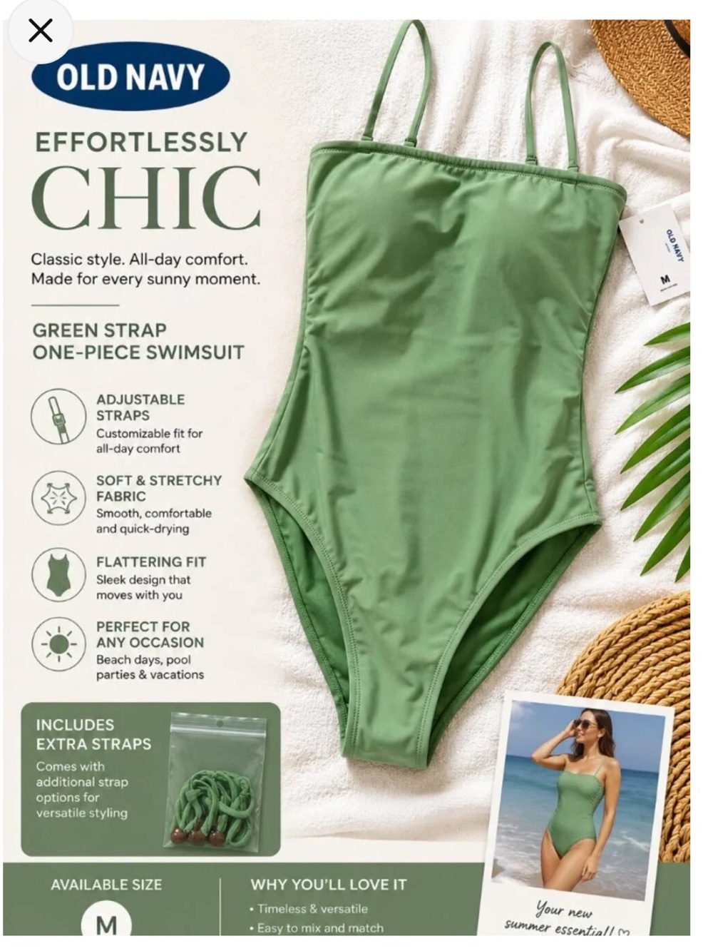 BRAND NEW Old Navy Sage Sea Green Double-Strap halter One-Piece Swimsuit M